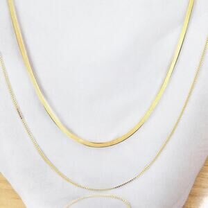 NEW 18K yellow gold filled flat layered double snake chain necklace jewelry B8A